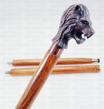 Copper Antique Lion Head Handle Vintage Foldable Brown Wooden Walking Cane Stick