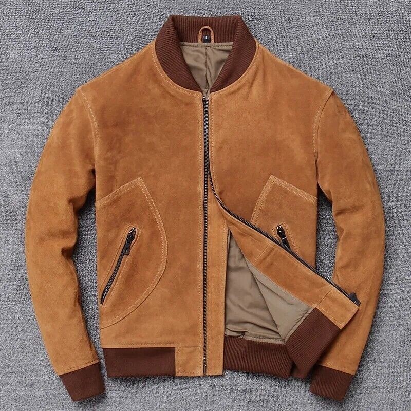 Men's Real Tan Suede Leather Baseball Bomber Jacket Slim Fit