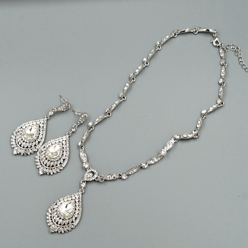 Conjunto de joyas de boda collar colgante de cristal transparente chapado en rodio 8967 - Imagen 2 de 7