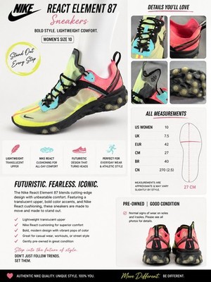 Nike React Element 87 Running Sneakers   Men's Size 11 (EU 45)   Neon...