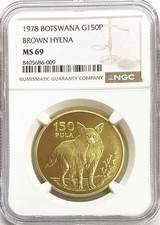 1978 GOLD BOTSWANA 664 MINTED WWF BROWN HYENA 150 PULA COIN NGC MS 69