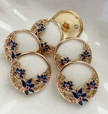 6PC Blue Flower White Enamel Gold Shank Metal Buttons 23mm
