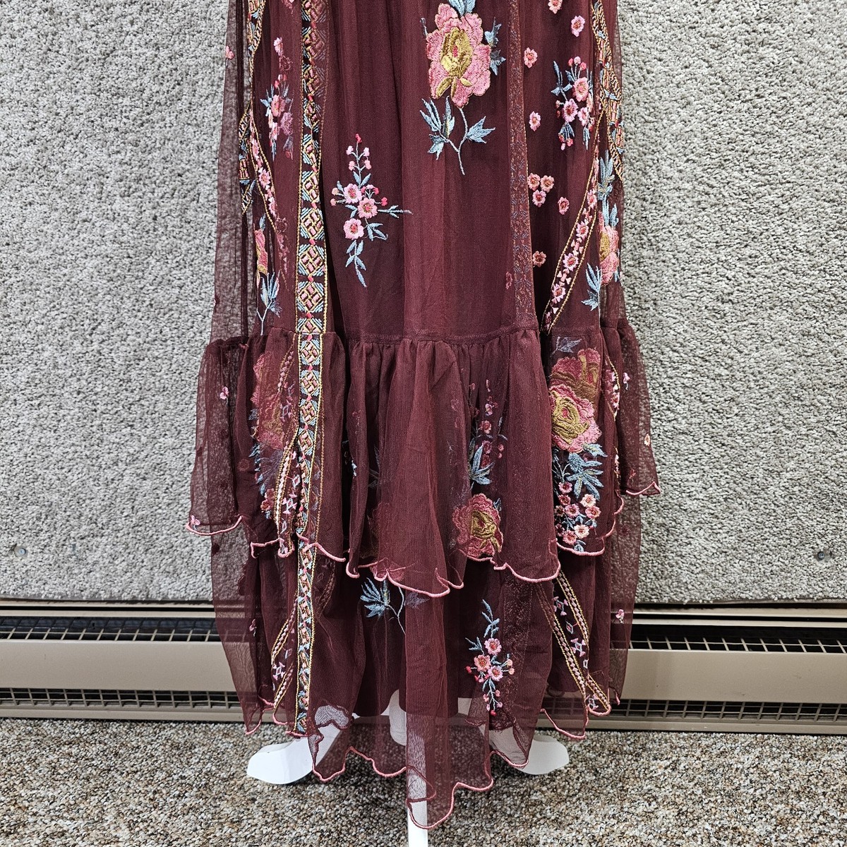 miraflores mesh dress NWT Sundance Miraflores Maxi Dress Size PL Embroidered Mesh Burgundy Ruffle