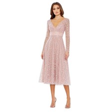 Mac Duggal 68003 Pink Rose Beaded Long Sleeve V-Neck Midi Dress Size 8 498