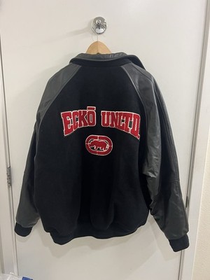 Ecko Unltd Vintage Mens Leather Wool Letterman Varsity Jacket Black Red White XL