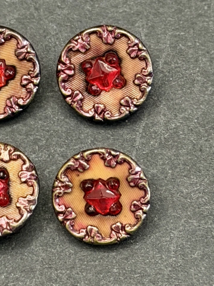 GORGEOUS Antique Vintage Set of 6 Red Glass & Metal Buttons - 7/16" (C13) - Image 4 of 4