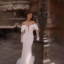 Off Shoulder Mermaid Wedding Dress Sweetheart Sequin Bead Sweep Train Bride Gown