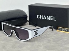 CHANEL Shield Sunglasses White Plastic Frame Gray Tinted Lenses Logo MPN 1001