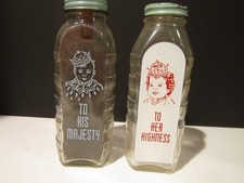 2 Vtg Samuel Callet 8oz Litho Glass Baby Bottles / Banks - Majesty Highness