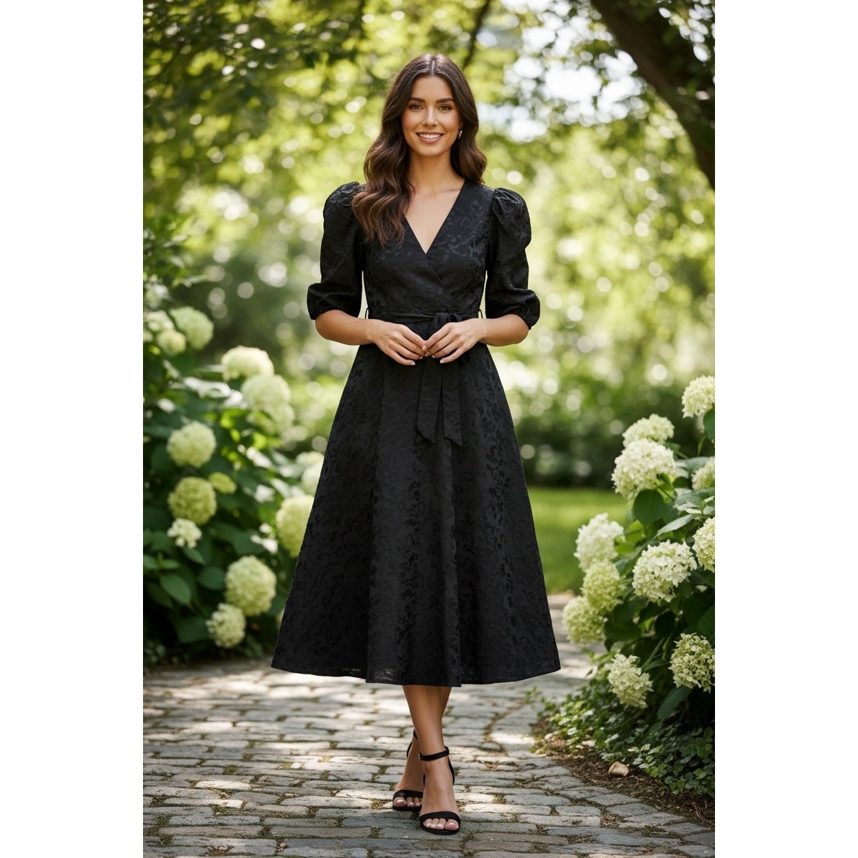 Vestido FRNCH Paris Noely Tejido Negro Floral Jacquard Envolvente Midi Mediano Nuevo con Etiquetas