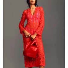 Anthropologie 3D Floral Red Kaftan V-Neck Sheer Lace Midi Dress Size XS/S