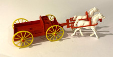 Vtg Cowboy Western Toy Horse Drawn Brown Wagon Yellow Wheels 2 White Horses Good
