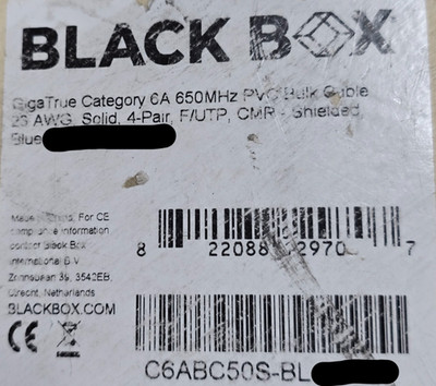 Black Box 23/4P Cat6A F/UTP 650MHz 10G Riser Network Cable CMR Blue /50ft