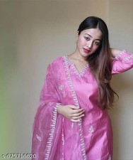 Indian Women Embroidered Pink Kurti Pant Dupatta set Dress Girls Ready Wear