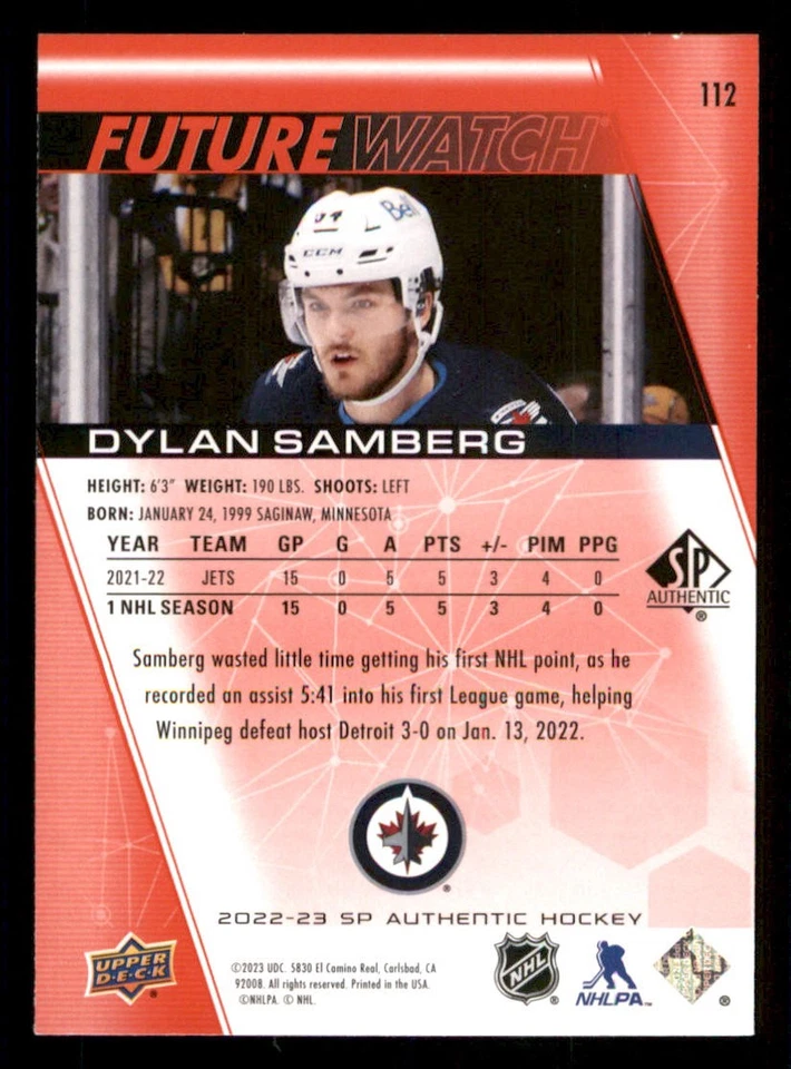 2022-23 SP Authentic Limited Red #112 Dylan Samberg FW - Image 2 of 2