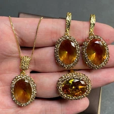 Fashion Oval Zultanite Crystal Gems Inlay Pendant Necklace +Ring+ Earrings Set