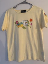 Vintage Yellow Cottagecore Grandmacore  Postcard Travel Floral  T Shirt Cotton