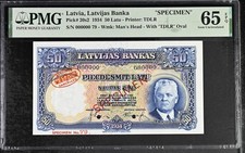 Latvia 50 Latu Specimen 1934 P20s2 PMG Gem Uncirculated 65 EPQ