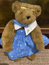 Vermont Teddy Bear Brown Seamstress Jointed Blue Floral Dress 16" Plush NWOT
