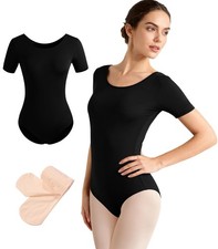 Women Short Sleeve Leotard with tights for Ballet Dance Gymnastics,Full Linin...