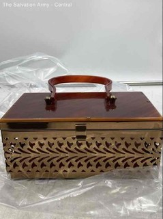 Vintage 50s Gold Metal Filigree Box Purse Marbled Amber Lucite Handbag