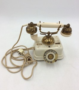 Vintage Cream and Brass Rotary Dial Telephone Victorian Style Filigree Desk Set