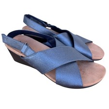 Vionic Mckenna Metallic Slingback Wedge Sandals Pewter Leather Comfort Size 6.5