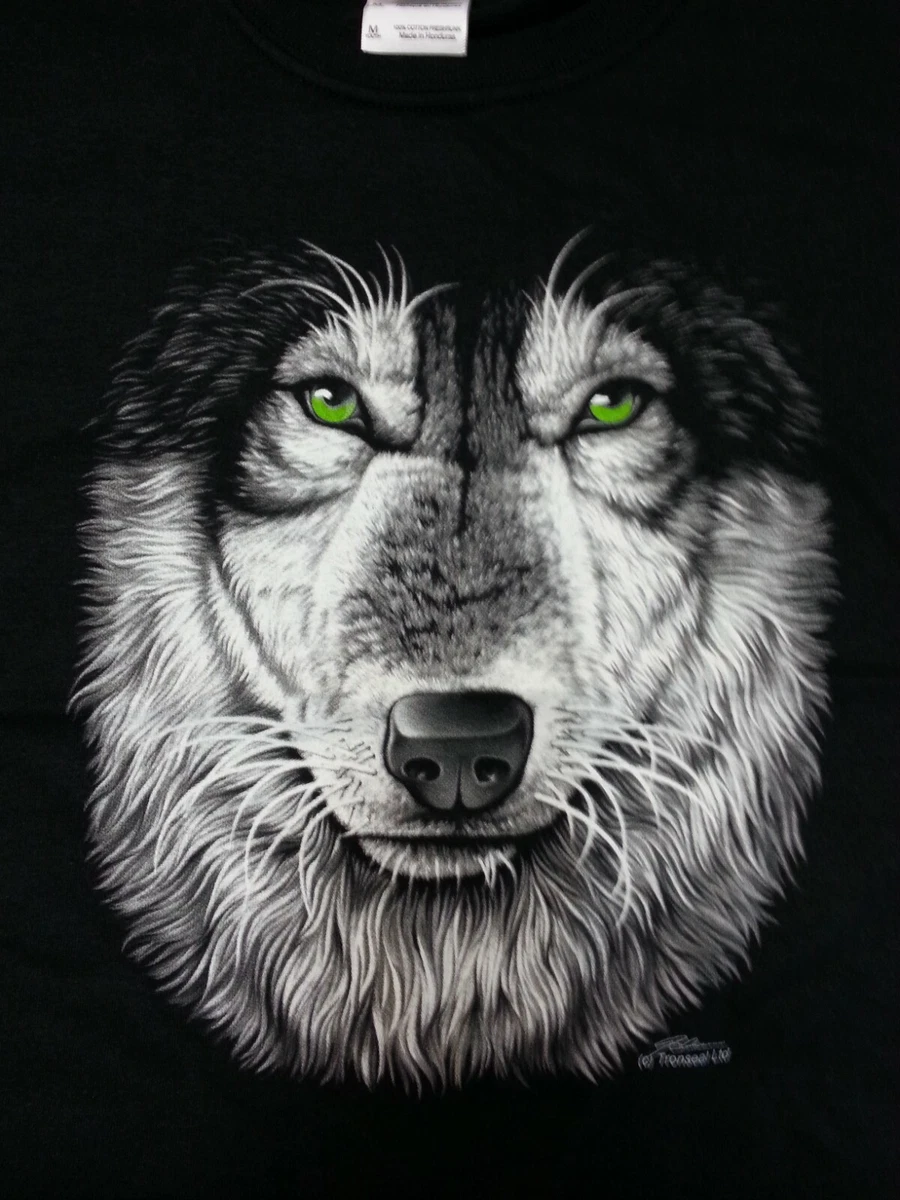 T SHIRT TESTA LUPO CON OCCHI VERDI T SHIRT LUPI TAGLIE M L XL XXL