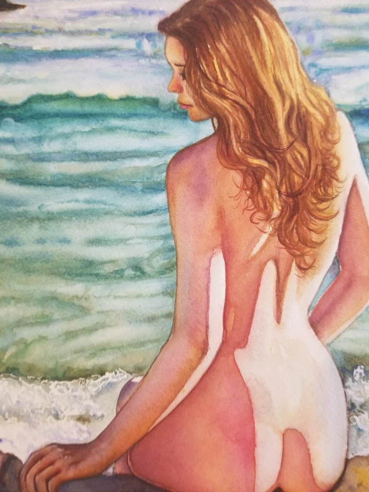 original painting 31 х 41 cm 86NA Art Deco Modern Watercolor Female nude Signed — 第 2/4 张图片