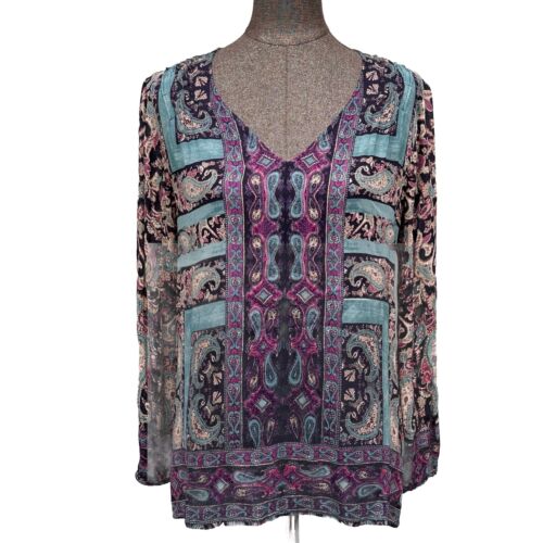 Lucky Brand Rayon Top Gr. S Langarm V-Ausschnitt lila blau Paisley