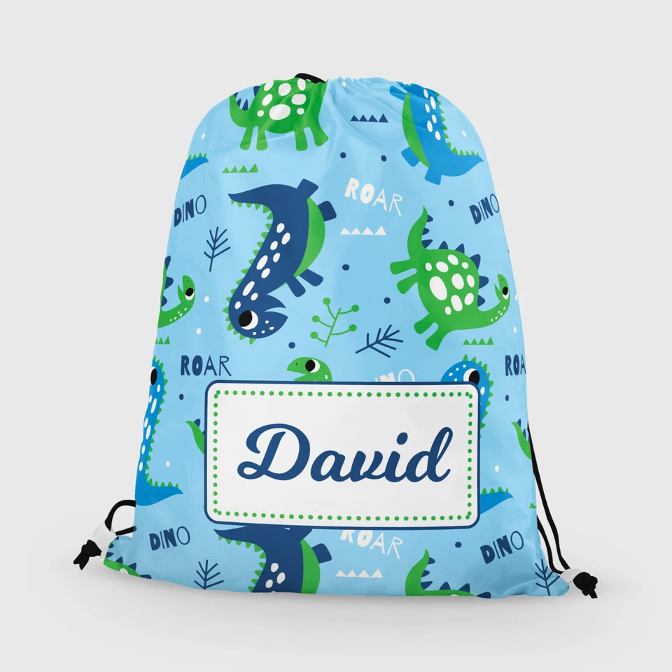 FANDANGO Personalised Dinosaur Boys Kids Drawstring Bag PE Swimming School Bag