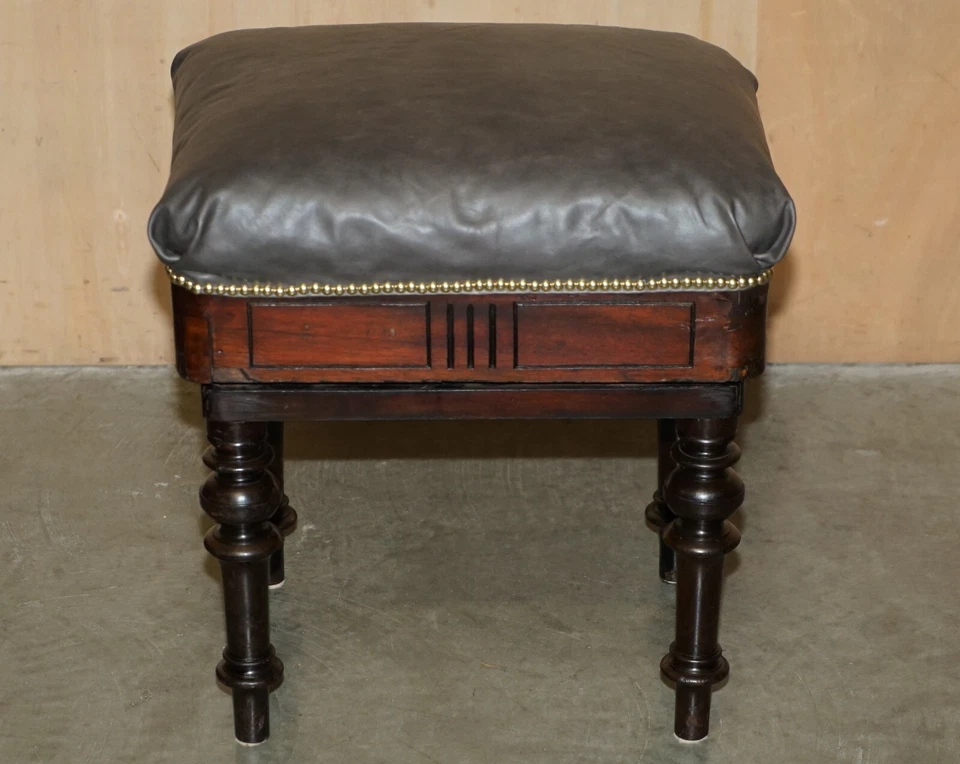 ANTIQUE ORIGINAL BROOKS LTD VICTORIAN MAHOGANY CAMPAIGN GREY LEATHER PIANO STOOL - Image 2 of 4