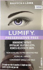 LUMIFY PRESERVATIVE FREE REDNESS RELIEVER EYE DROPS 20 SINGLE USE VIALS EX 7/27 