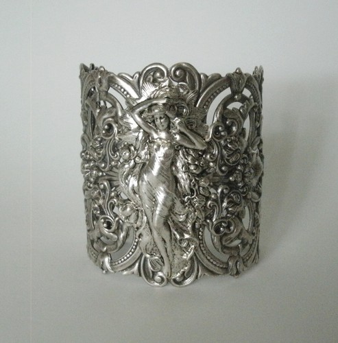 Bracelet Art Nouveau Art Déco En Métal Argenté Avec Motifs Cygnes Et Grues - Occasion