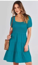 ANRABESS Womens Teal Summer Casual Mini Dress Square Neck Puff Sleeve Boho Beach