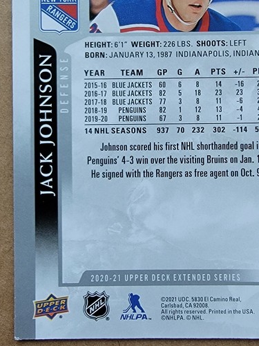 Jack Johnson 2020-21 Upper Deck Ice Hockey Card #594 - 第 9/10 張圖片