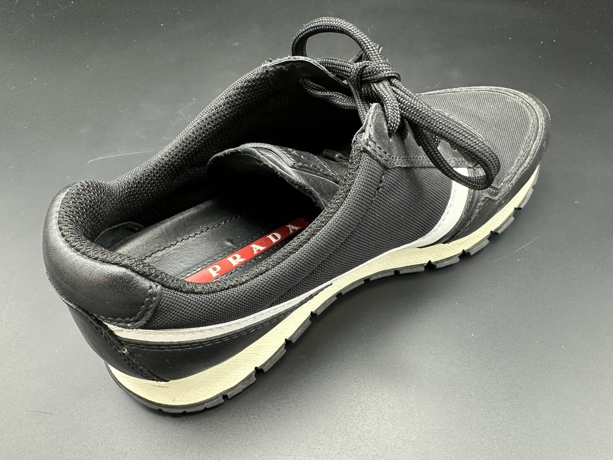 Prada Two Tone Black/White Leather, Black Mesh Fashion Sneakers