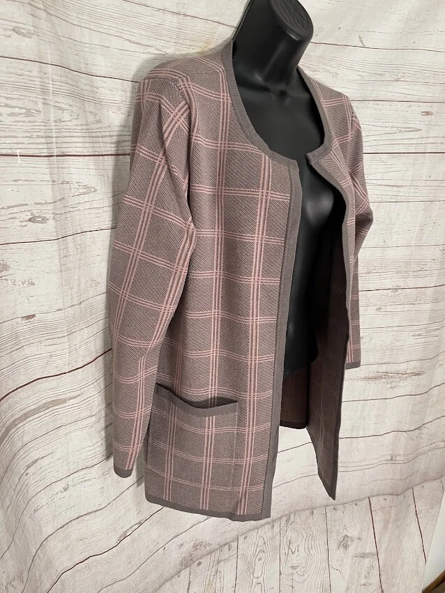 Cárdigan para mujer Appleseed frente abierto gris/rosa talla PM Foto 3 de 4