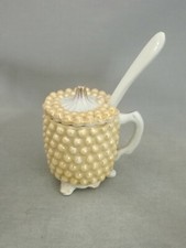 MOUTARDIER ANCIEN, PORCELAINE DÉCOR DE PERLE IRISÉES PRISE EN FORME 2 PÉDONCULE 