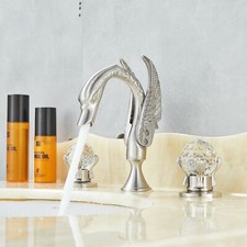 Brass Bathroom Dual Crystal Handles Swan Shape Basin Sink Faucet Brushed Nickel