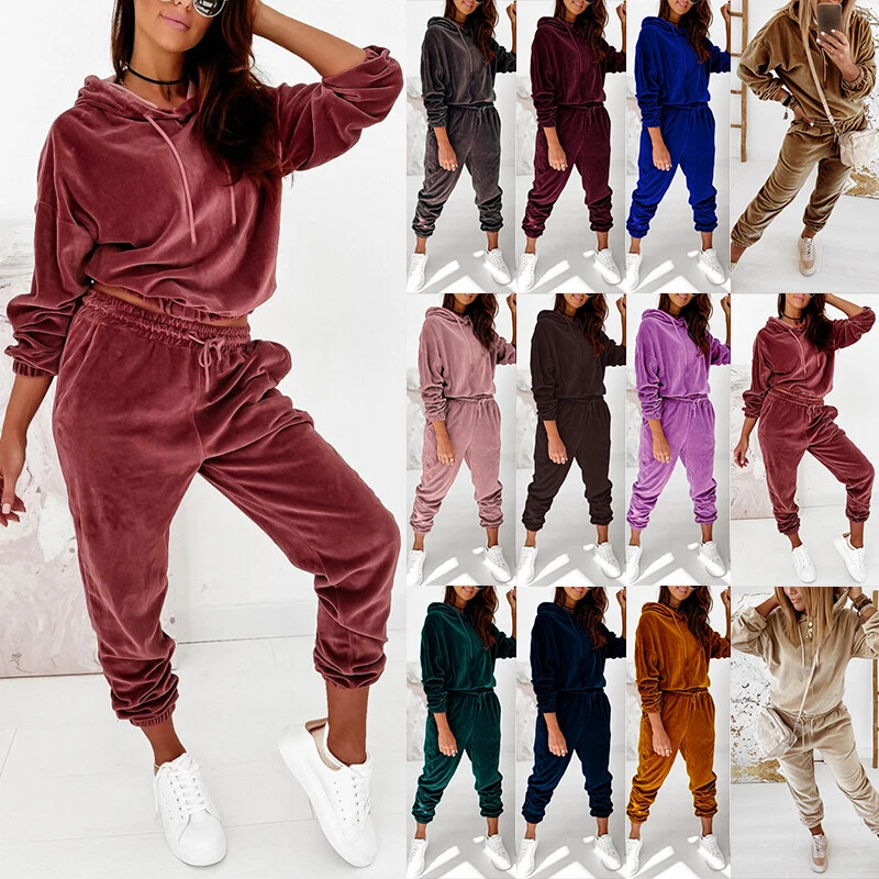 Classic Women's Long Sleeve Solid Velour Sweatsuit Set Hoodie and Pants  Sport Suits Tracksuits 