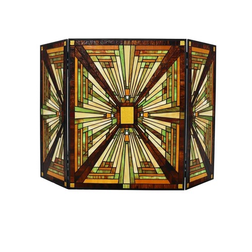 Tiffany Style Stained Glass Mission Design Panel Brown Amber Fireplace Screen - Picture 5 of 5