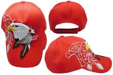 Native Pride INDIAN Bald Eagle Feathers Grey Shadow Red Embroidered Cap Hat