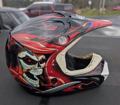 GMAX Red & Black Motocross Racing Helmet Grimm Reaper Skull Raven 46Y Youth 