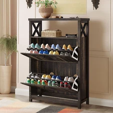 31.5" Farmhouse Shoe Cabinet with 2 Flip Drawer with Open Shelves for Entryway