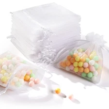 ENNIYU Sheer Organza Bags, 3x4 Wedding Party Favor Bags with Drawstring, Whit...