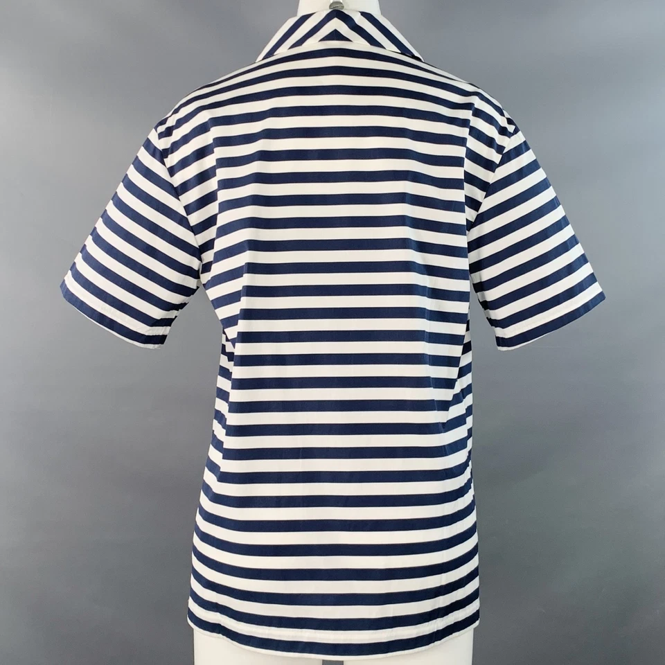 Blusa casual LORO PIANA tamanho 6 branca azul marinho listra de algodão um bolso - Imagem 3 de 4