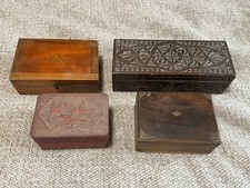 4 x Antique Boxes 1 Chip Carved Wood 1 Cinnabar Lacquer 1 Brass Banded 1 Inset