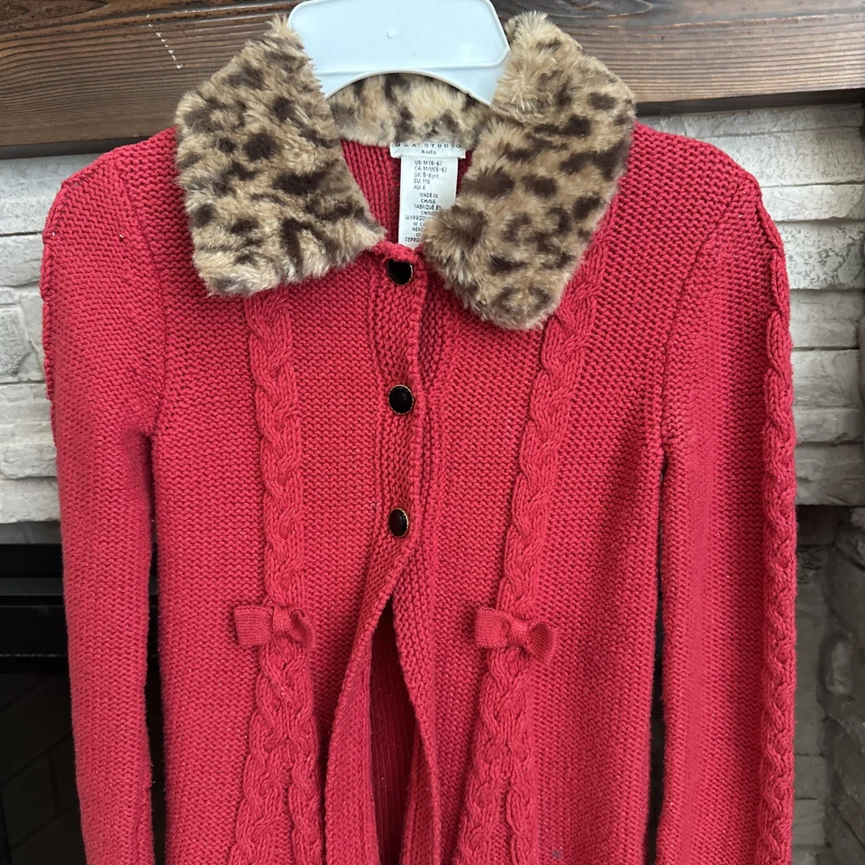 Max Studio Kids Christmas Sweater Girls M 5-6 Red Sparkle Leopard Faux Fur Purse - Image 2 of 4