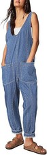 Womens Denim Dungarees Size M Loose Overalls Pockets Blue Baggy Jumpsuit